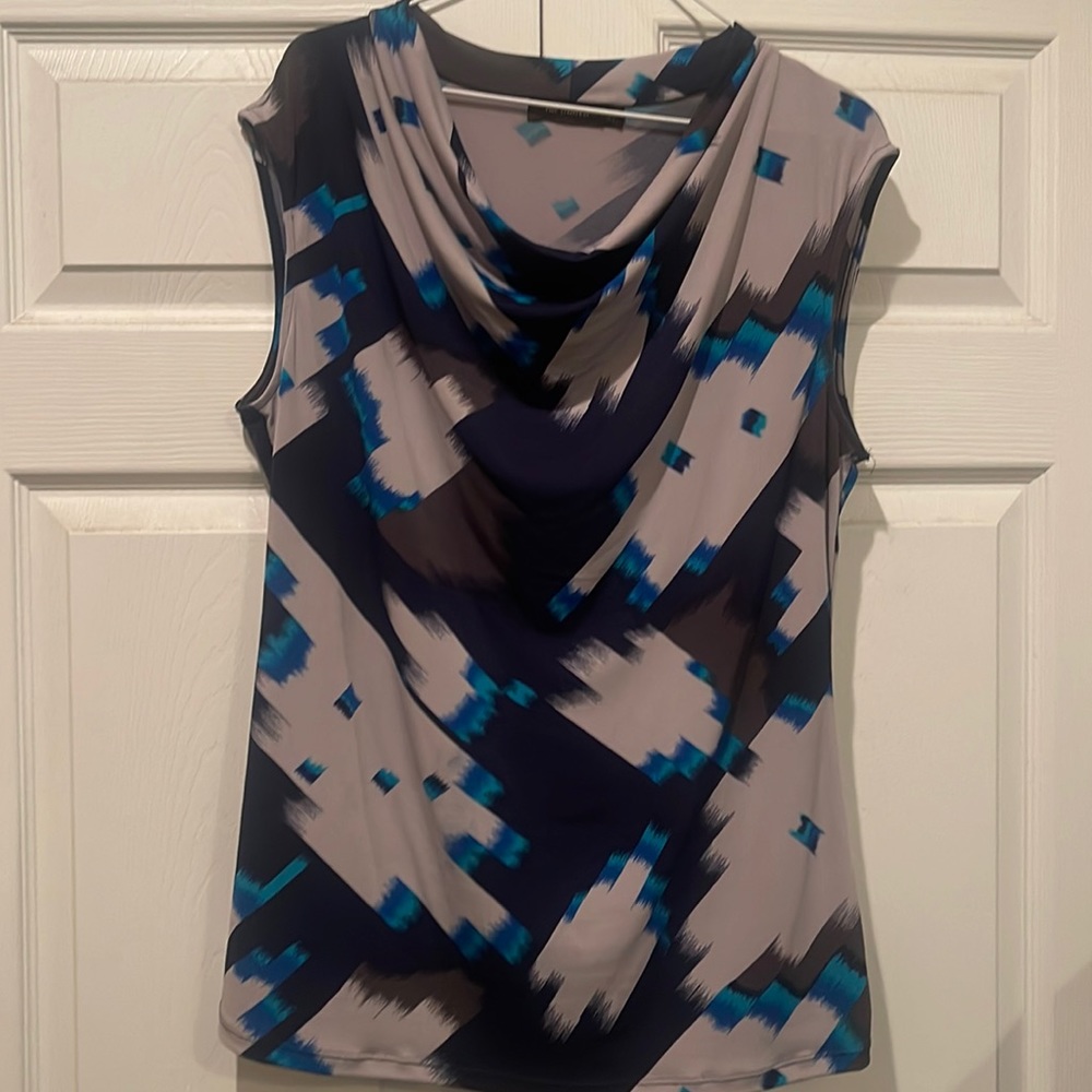 The Limited, sleeveless cowl neck blouse, gray, teal, black designs